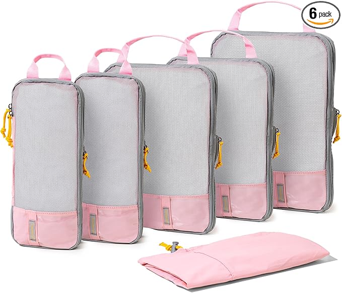 (Not Made In China) Compression Packing Cubes For Travel, Suitcase and Luggage Space Saver Organizer Bags, Lightweight, Waterproof, Durable, 6pc Set, Pink