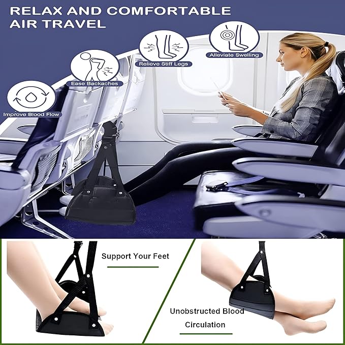 Foot Rest, Airplane Made with Premium Foam, Head Hammock Portable Travel Footrest Flight Carry-On Adjustable Height Travel AccessoriesHammock, Black