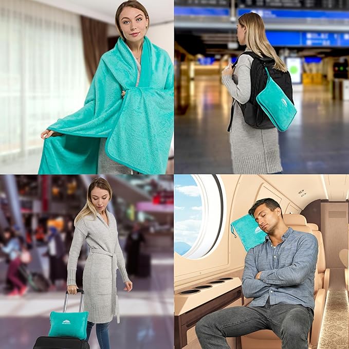 BlueHills Premium Soft Mini Plush Travel Blanket Value Pack Set of 2 - Airplane Travel Essential Flight Blanket Throw in a case Compact for Car Plane Travel Gift – Light Pink and Teal Green