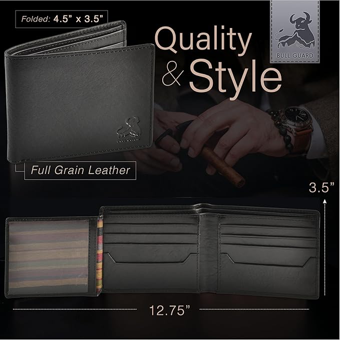 BULL GUARD Black Leather Wallet for Men with RFID Blocking - Bifold High Capacity with Side Flip 2 ID Windows and 10 Credit Cards Slots