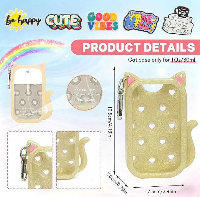 Cat Silicone Case for Touchland Hand Sanitizer Spray, Hand Sanitizer Holder Keychain with 4 Cute Charms for Touch Land Mist 1FL. OZ