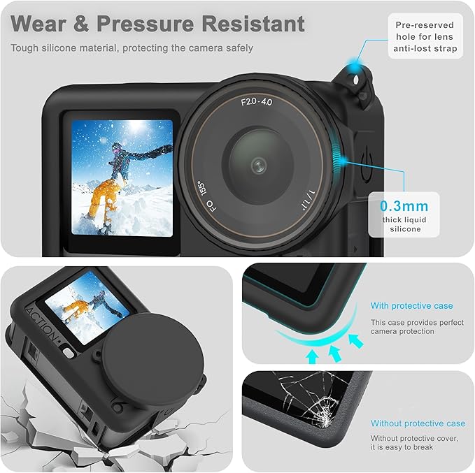 FiTSTILL Silicone Rubber Case+3Pack Tempered Glass Protector Compatible for DJI Osmo Action 6,Rubber Case&Lens Caps&Screen Protectors&Lanyardfor Protective Full Cover Shell Action6 Accessories Kit