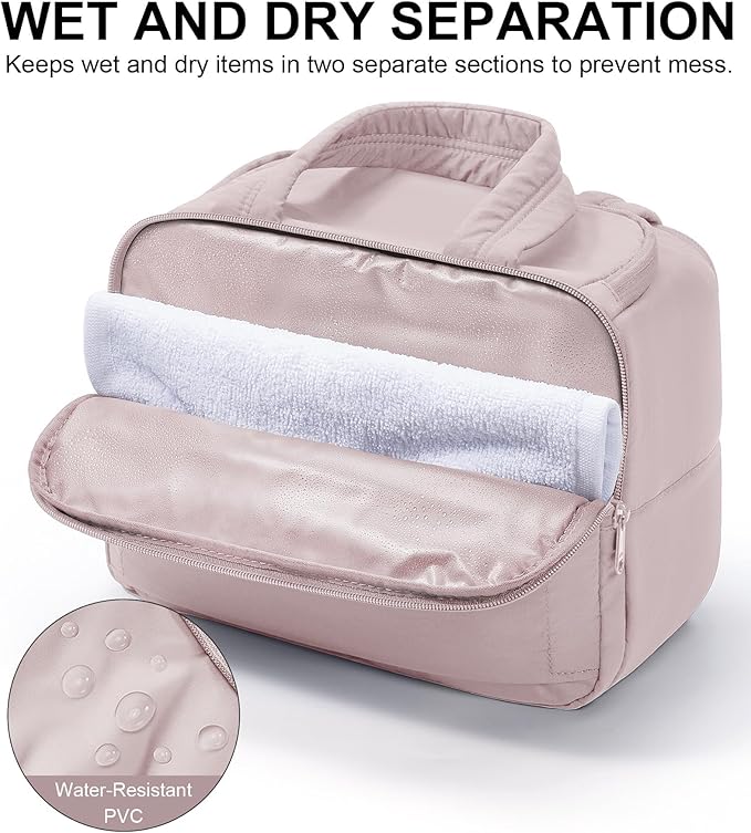 Bagstellar Travel Toiletry Bag for Women, Lightweight Large Quilted Puffy Makeup Bag Wide-open Make up Organizer Cloud Cosmetic Bag w/Handle for Traveling Toiletries Essentials Accessories Light Pink