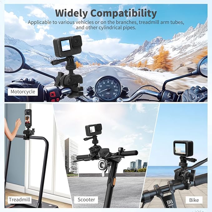 Bike Motorcycle Camera Mount Bundle Kit, 1/4 Screw & Tripod Mount Adapter, 360°Rotating Ball Head Base -Ballhead Arm Super Mounting Clamp for Most Action Camera, Clamp(0.86"-1.26“) 75016