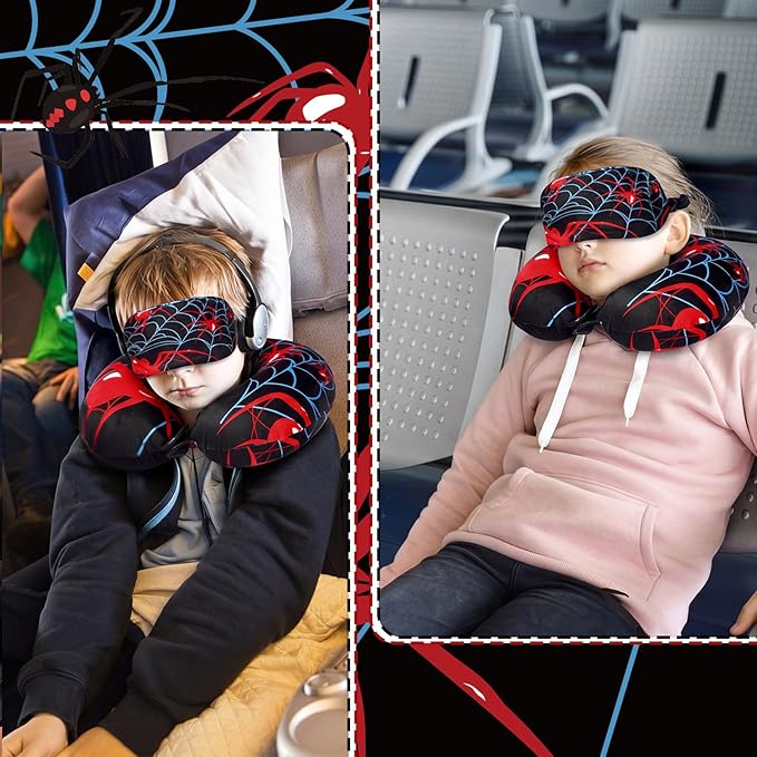 Gilprop 2 Pcs Spiderweb Travel Pillow with Sleep Eye Mask, U Shaped Memory Foam Headrest & Neck Pillow with Washable Cover, Soft Neck Head Support Travel Accessories for Airplane Car Train Bus Trips