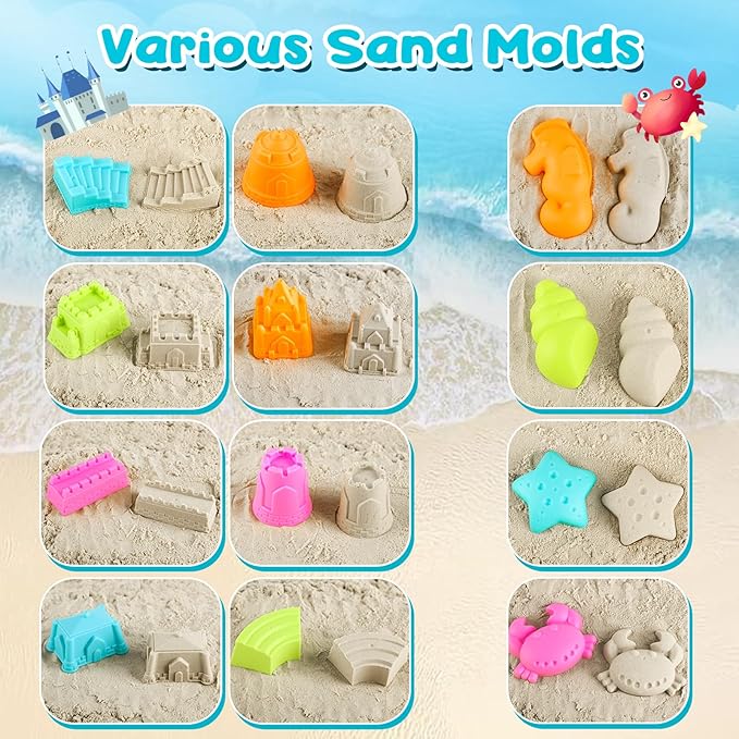Dreamon Beach Toys for Kids 3-10, Collapsible Sand Toys Include 3 Pack Foldable Buckets, 24 PCS Beach Mold and Shovels Molds, Travel Sandbox Beach Toys for Kids Toddler with Mesh Bag