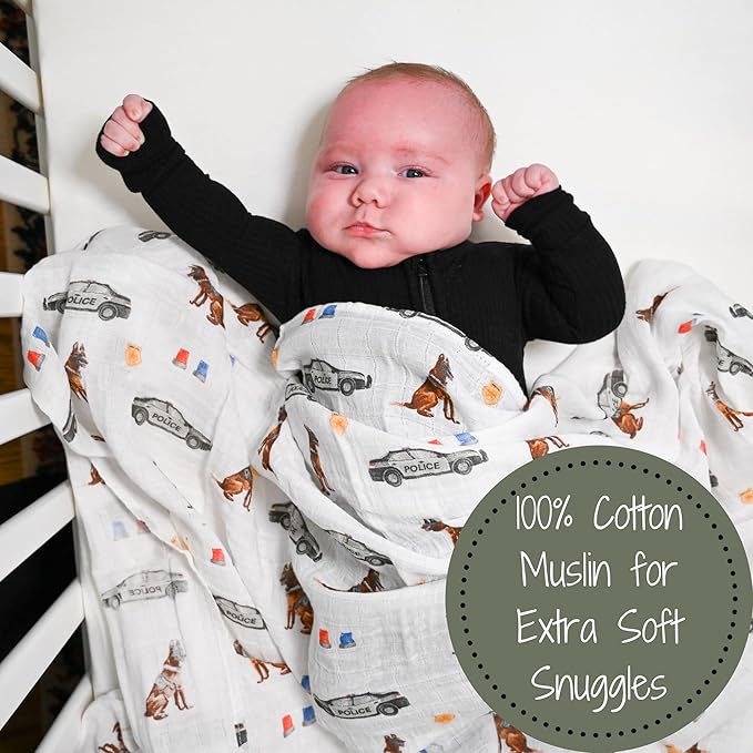 LollyBanks Muslin Swaddle Blanket, 100% Muslin Cotton Blankets for Baby Boys, 47 X 47 Inches Soft and Cozy Swaddle for Newborn Baby, Newborn Essential (Police Dog Print)