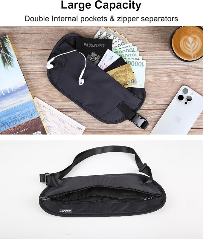 GOX Money Belt for Men Travel, Anti-Theft Hidden Waist Pack, RFID Secure Travel Belt for Men, Ultra-Thin Under-Clothes Passport Wallet with Documentry Safety & Money Holder (Black-L)