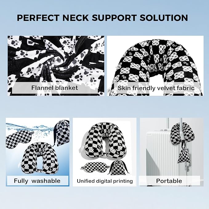 Travel Pillow with Detachable Flannel Blanket & Eye Mask – Plush Velvet Neck Support Pillow for Airplane,Car,Office Rest,Coordinated Digital Print Set (Black Dog Claw Grid, 50in * 60 in)