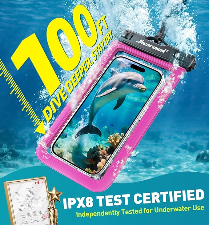 Hiearcool Universal Waterproof Phone Pouch,IPX8 Cell Phone Waterproof Case Up to 8.3" for iPhone 17 16 15 14 13 Pro Max,Beach Essentials Vacation Must Haves-Clear&Bright Red-2Pack