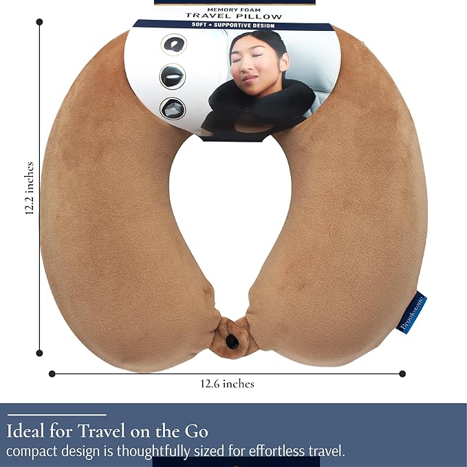 Brookstone Travel Neck Pillow - Lightweight Fleece Casing U-Shaped Stuffable Memory Foam Travel Pillow for Sleeping and Neck Support, Size One Size, Khaki