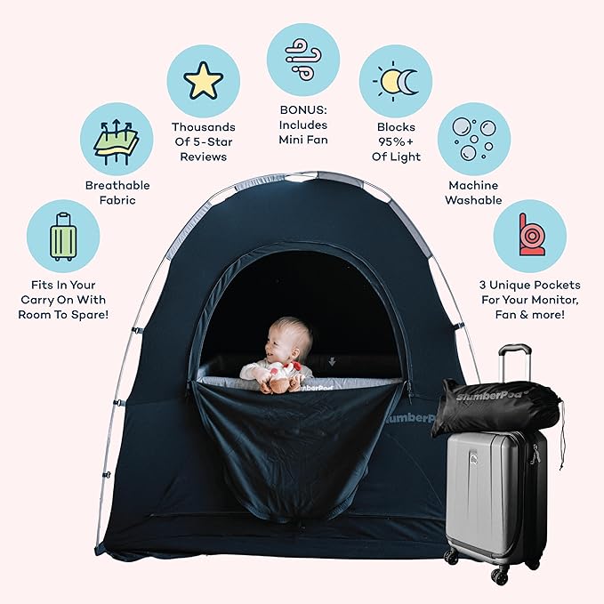 SlumberPod with Fan The Original Blackout Sleep Tent Travel Essential for Baby and Toddlers, Mini Crib and Pack n Play Cover, Sleep Pod with Monitor Pouch and Fan Pouch, Blocks 95%+ Light, Black