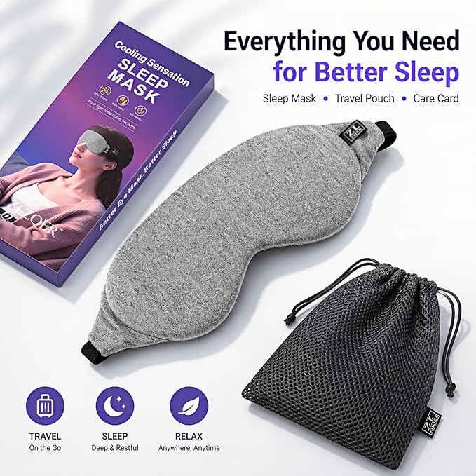 Cool-Touch Cotton Eye Sleep Mask for Men & Women, Soft & Breathable, Pressure-Free Design for Side Sleepers, Adjustable Light Blocking Mask for Sleeping, Travel & Naps (Gray)