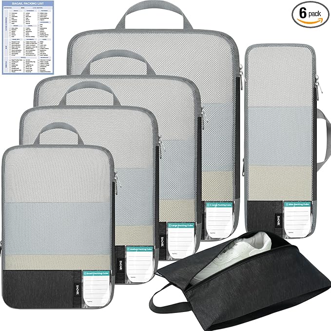 BAGAIL 6 Set Lightweight Compression Packing Cubes with Packing List, Anti-Tearing Expandable Organizer Bags for Travel, Black