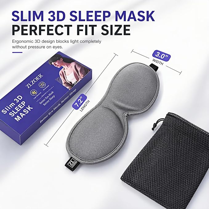 Ultra-Thin 3D Sleep Mask for Side & Back Sleepers, 100% Light Blocking Eye Mask for Sleep, Zero Pressure, Soft & Breathable Night Blindfold for Men & Women, Travel & Plane (Gray)
