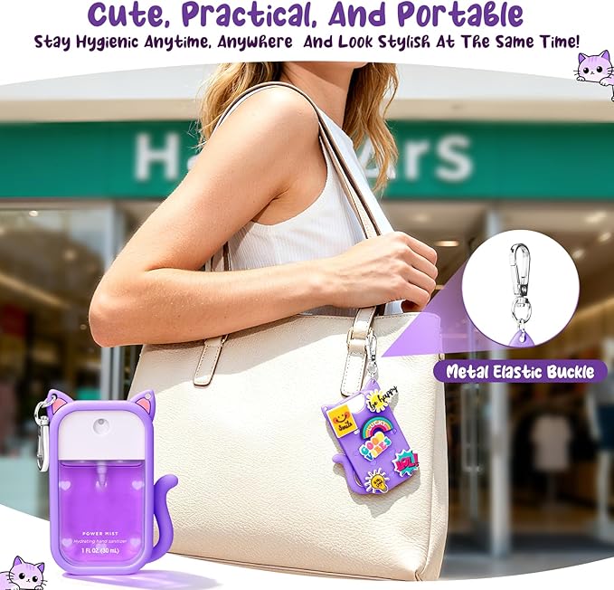 Cat Silicone Case for Touchland Hand Sanitizer Spray with Keychain, Compatible with Power Mist & Glow Mist 1 FL Oz/30ML for Touchland Case, with Charms Accessory Cute Travel Cover Sleeve Purple