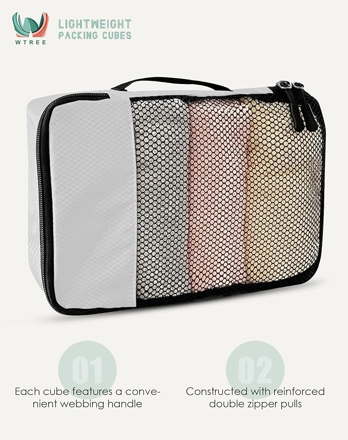 WTREE 4-Piece Packing Cubes Travel Accessories Set for Suitcases - Luggage Organizer Bags with Double Zipper - Mesh Top - Small/Medium/Large/Slim - Beige