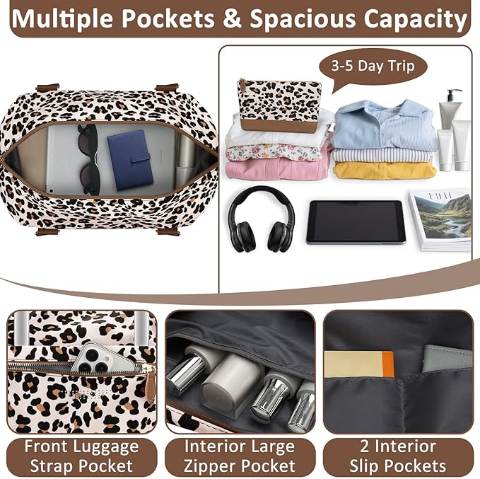 ELONGRIVER Travel Duffle Bag for Women, Weekender Bags, Hospital Bag for Labor Delivery, Lightweight Tote Duffel Overnight Bag with Luggage Sleeve, Airplane Travel Bags with Toiletry Bag,Large,Leopard