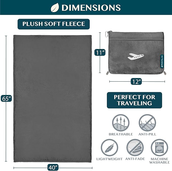 PAVILIA Travel Blanket Pillow, Airplane Blanket Set in Soft Bag with Pockets, Plane Blanket Compact Packable, Flight Essentials Car Pillow, Travelers Accessories Gifts, Luggage Strap, Gray
