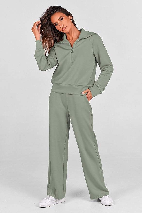PRETTYGARDEN Women's 2 Piece Outfits Casual Lapel Half Zip Sweatshirts and Wide Leg Pants Tracksuit Sets