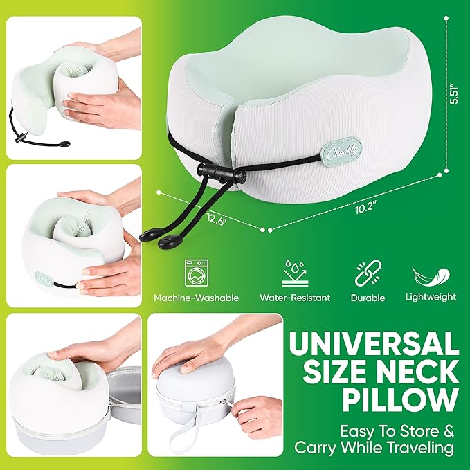 Memory Foam Travel Neck Pillow for Airplane Travel, Head and Chin Support, Adjustable Strap, Washable Cover, Carry Case