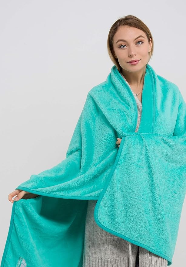 BlueHills Travel Blanket Pillows for Two Airplane Traveling Essentials Flight Throws in Bag case with Backpack Clip Compact Large Plane Accessories – Teal Green and Brown