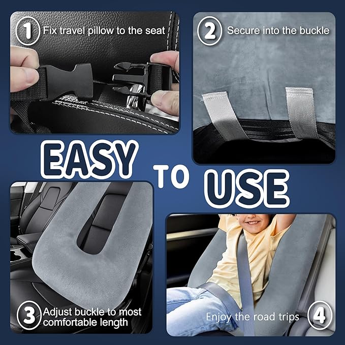 Car Pillow for Kids,Car Pillow for Sleeping, Travel Pillow for Kids with Adjustable Strap – Road Trip Pillow for Kid and Adults, Head and Neck Support, Car Travel Essentials, Blue