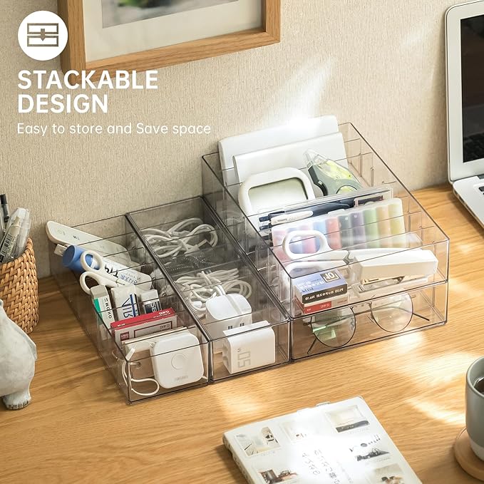FRETONBA 2Pcs Cable Charger Organizer Box, Large Cords Storage Organizer with Adjustable Compartments and Wire Ties, Stackable Cord Organizer for Drawer - Clear