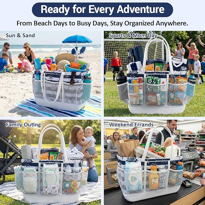 Custom Fit Organizer Bag Insert ONLY for Bogg Bag Custom Fit Inner Liner Pouch for Original Large XL Rubber Tote Zippered Organizer with Pockets for Beach Travel Sports Mom (BLUE WHITE STRIPE, LARGE)