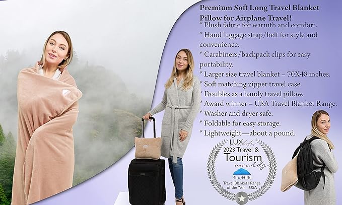 BlueHills Soft Long Travel Blankets 70X48 inches Large Plush Value Pack of 3 - Premium Airplane Essential Flight Throw in a Bag Compact for Plane Travel Gift – Gray, Navy Blue and Beige