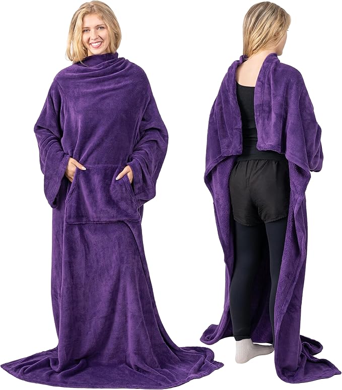 PAVILIA Blanket with Sleeves for Adult Women Men, Soft Warm Wearable Blanket Fleece Wrap Throw, Robe Blanket Gift