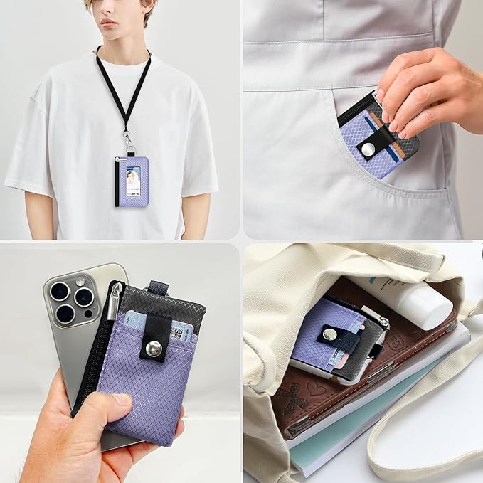 Minimalist RFID Blocking Small Wallet with ID Window,WaterResistant Zip Id Case Wallet with Lanyard Keychain for Cards,Cash,Travel,Women,Men (Lavender Purple/DarkGrey)