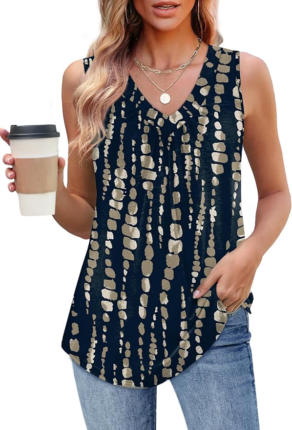 OFEEFAN Tank Top for Women Loose Fit Sleeveless Shirts V Neck Summer Clothes Ruched Women's Tees and Tanks Curved Hem