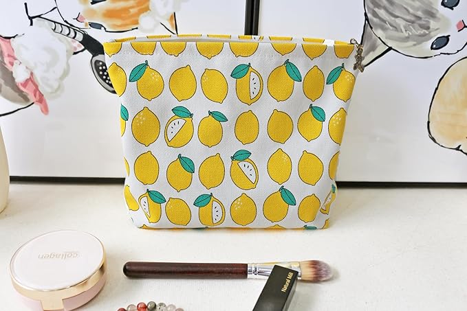 HAPPYHEIDI Canvas Makeup Bag, Cosmetic Travel Pouch, Cute Lemon, Cotton Blend, Fruit Pattern, Zipper Closure, 7.1x2.4x7 Inches