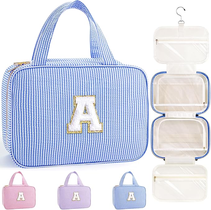 TOPEAST Mothers Day Gifts for Mom Daughter - Travel Hanging Toiletry Bag & Makeup Bag, Personalized Initial Toiletry Pouch, Birthday Gifts for Women Teen Girls Friends, Cruise Essentials, Blue A