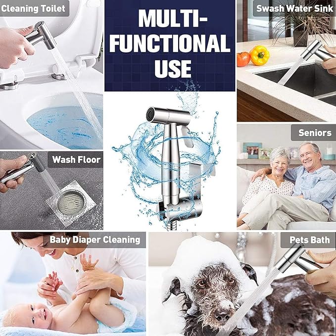 New Version Handheld Bidet Sprayer for Toilet, Premium Stainless Steel Bathroom Bidet Sprayer Set, Baby Cloth Diaper Sprayer with Superior Complete Spray Hoses Kit, Support Wall or Toilet Mount