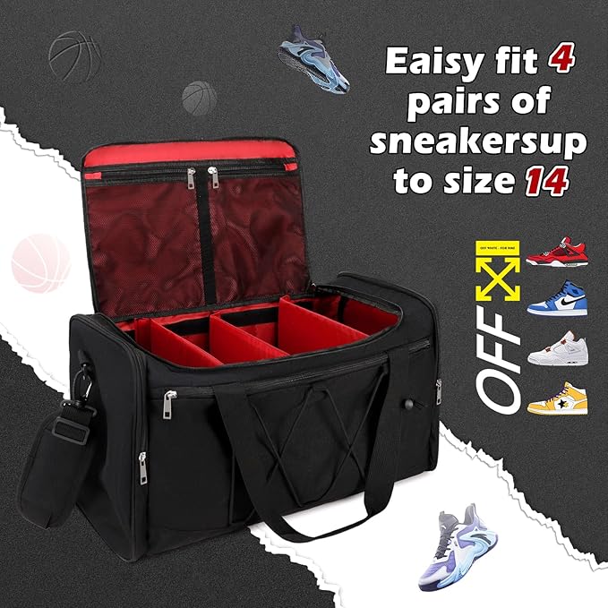 Scothen Sneaker Bag for Travel, Outdoor Sports Gym Bag Shoe Bag for 4 Pairs of Sneakers up to Size 14, Travel Duffel Bag with 3 Adjustable Dividers & Shoulder Strap, Sneakerhead Gift
