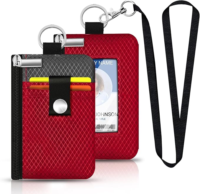 Minimalist RFID Blocking Small Wallet with ID Window,WaterResistant Zip Id Case Wallet with Lanyard Keychain for Cards,Cash,Travel,Women,Men (Red/Dark Grey)