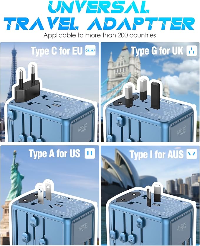 35W USB-C Travel Adapter Fast Charging for Laptop Phone, Universal Power Adapter with 5 Ports +2500W AC Outlet, International Plug Adapter Compatible for MacBook iPhone iPad Travel 200+ Countries
