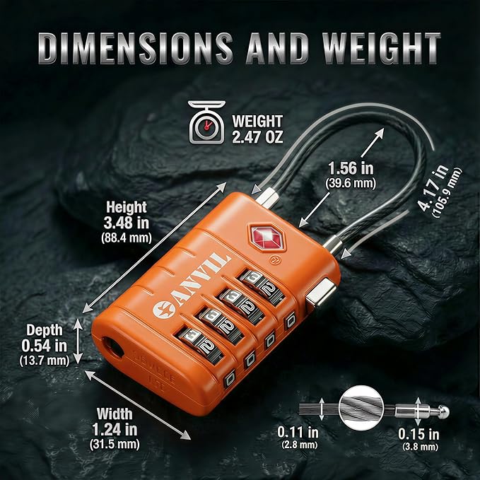 ANVIL TSA Approved Luggage Locks with Search Alert Indicator, 4-Digit Combination Suitcase Lock, Advanced TSA008 Core Heavy Duty Anti-Theft Travel Lock for Double Zippers, Backpacks (2, Orange)