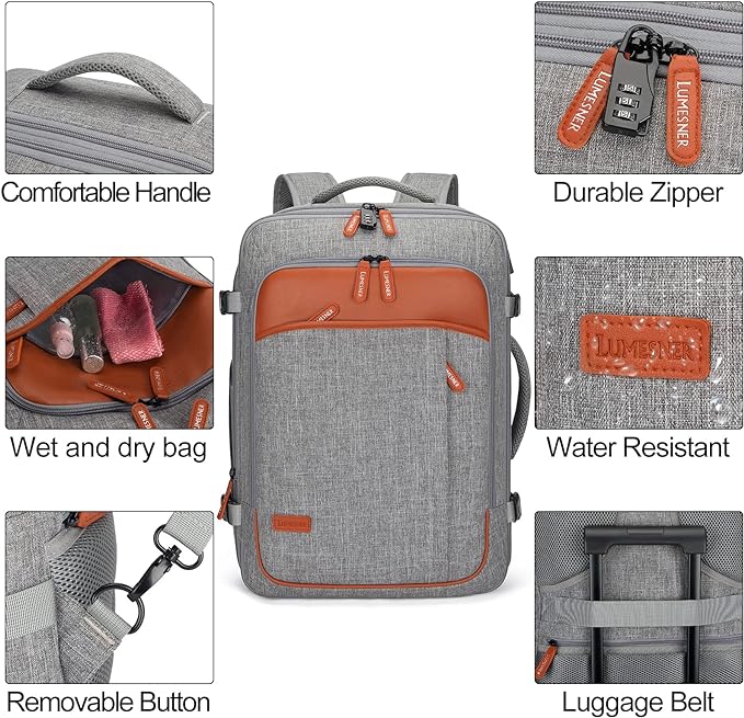 Lumesner Carry on Travel Backpacks, Extra Large 40L Flight Approved Bag for Men & Women,Expandable Suitcase Backpack With 4 Packing Cubes,Water Resistant Luggage Daypack Business Weekender Bag, Grey