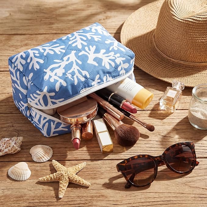 Hillban Ocean Quilted Cosmetic Bag Ocean Themed Gift Starfish Coral Seashell Essential Makeup Bag for Women Summer Travel Vacation Survival Kit Mother's Day Bulk Gift 8.7 x 4.3 x 4.3 in(Seaweed)