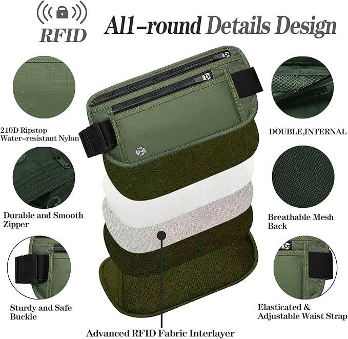 Green Hidden Money Belt for Travel for Men, Waist Wallet Anti Theft, RFID Passport Holder For Travel Men Or Women, Money Pouch, RFID Passport Holder