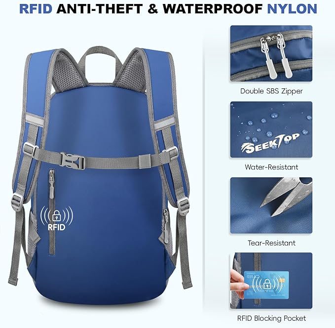 Seektop Lightweight Packable Hiking Backpack Waterproof Expandable 20L-28L for Women Men, RFID Day Pack for Travel & Camping