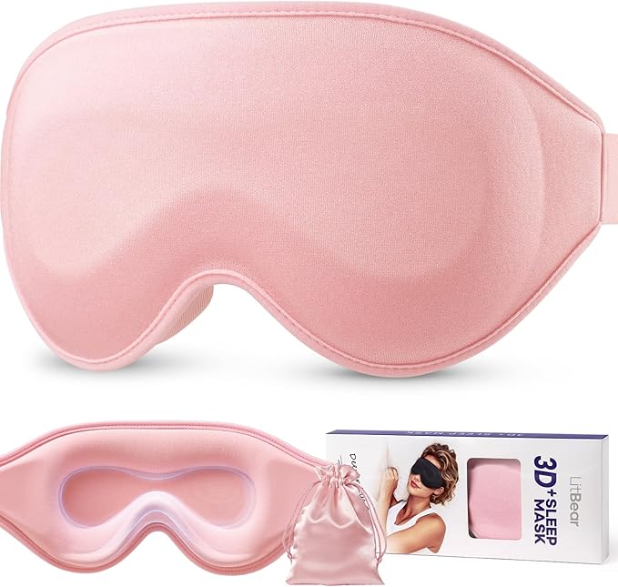 LitBear Long Lash Sleep Mask for Women Men Side Sleeper, 3D Contoured Light Blocking Sleeping Mask, Soft Comfortable Eye Mask Sleep with Adjustable Strap, Pouch for Travel, Pink