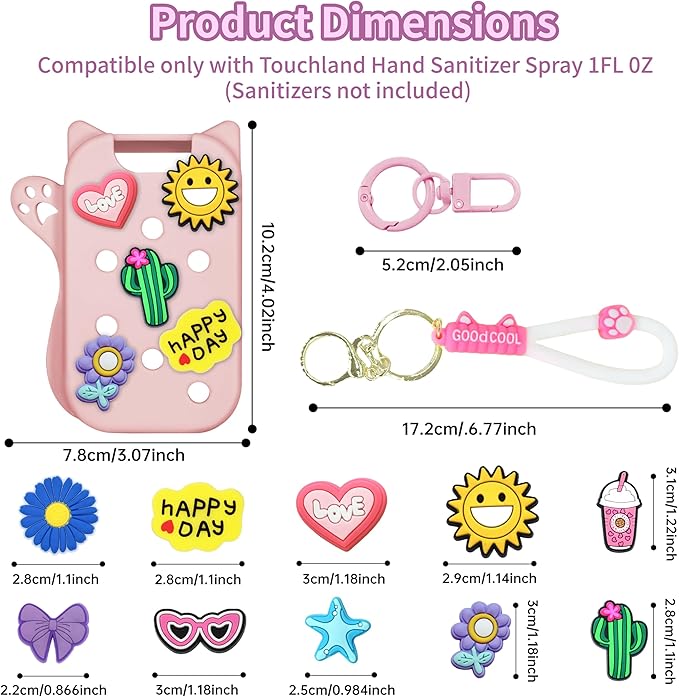 Mlife Hand Sanitizer Spray Case for Touchland Silicone Touchland Case Cat Silicone Case compatible with Touchland Power Mist 1FL OZ/30ML with Keychain &10Pcs Charms(Pink)