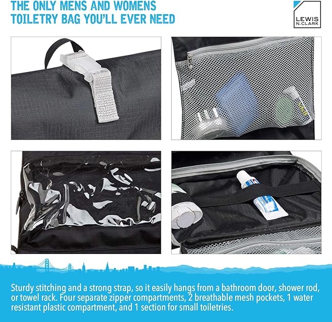 Lewis N. Clark Hanging Toiletry Bag for Travel Accessories, Shampoo, Cosmetics + Personal Items with Waterproof Compartment and Folding Design, Black