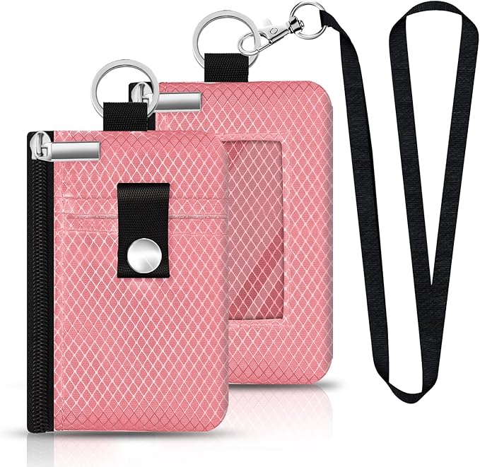 Minimalist RFID Blocking Small Wallet with ID Window,WaterResistant Zip Id Case Wallet with Lanyard Keychain for Cards,Cash,Travel,Women,Men (Pink)