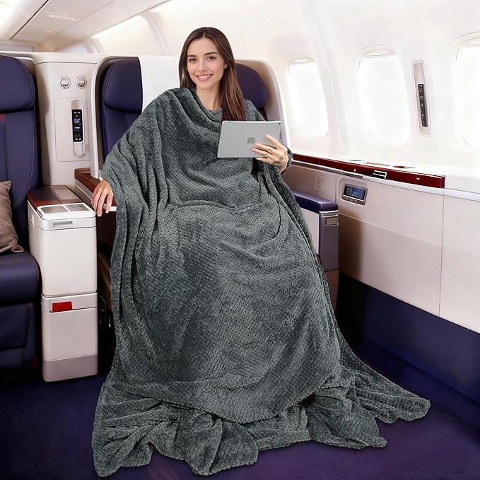 Tirrinia Travel Blanket Compact with Bag, Soft Lightweight Wearable Blanket with Foot Pockets, Airplane Travel Essential Gift