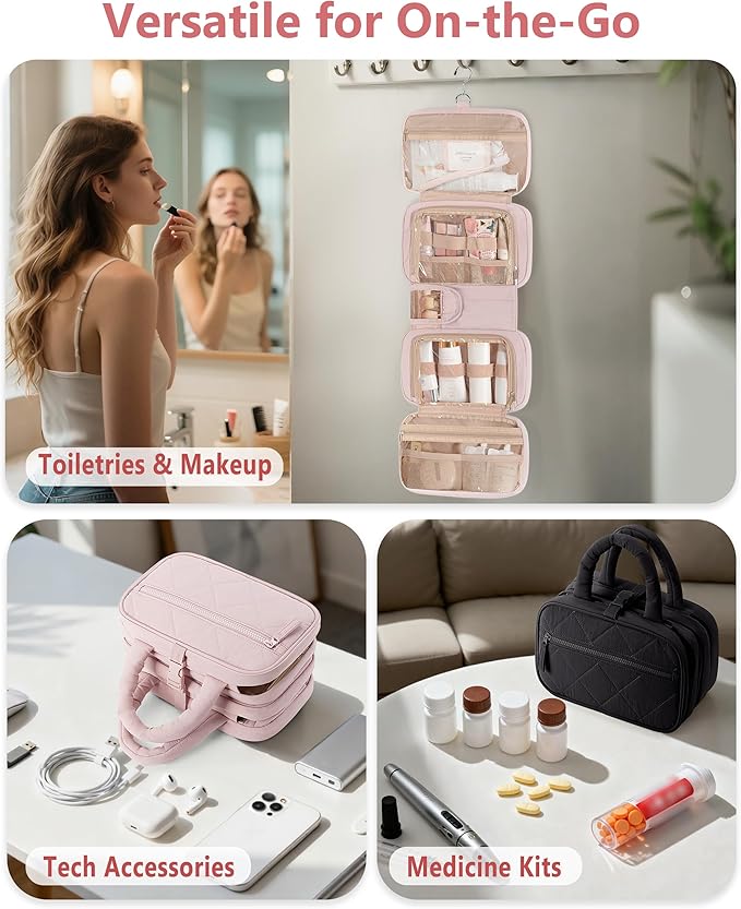Marscamd Travel Toiletry Bag for Women with Hanging Hook, Puffy Makeup Organizer with Brushes Slots for Bathroom, Shower and Beauty Essentials, Pink